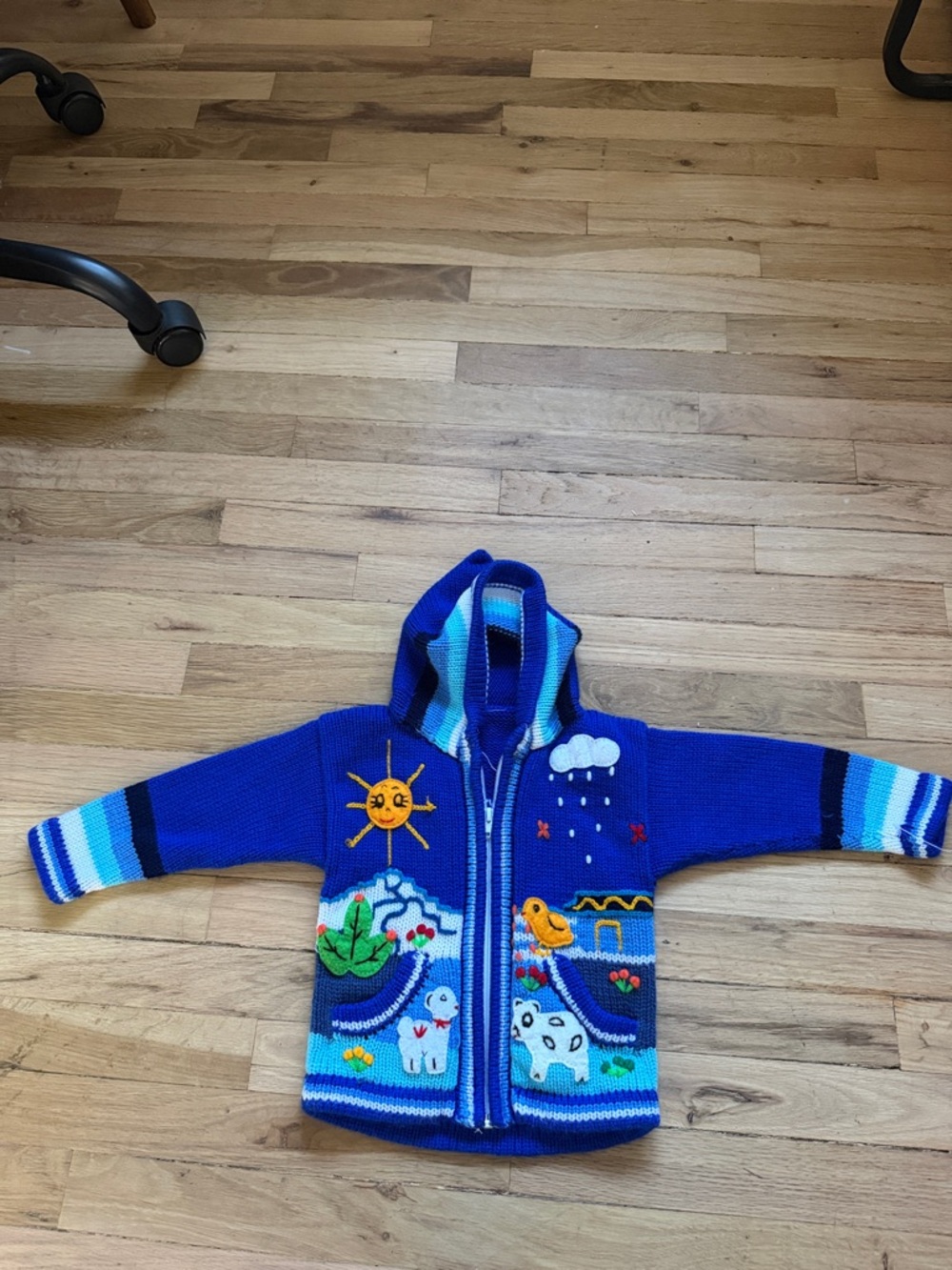 Blue Hand-Knit Hooded Kids Sweater with Sunny & Animal Motifs